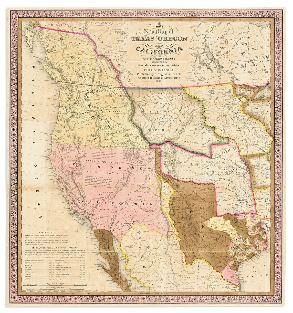 (AMERICAN WEST.) Samuel Augustus Mitchell. A New Map of Texas, Oregon and California with the Regions Adjoining.